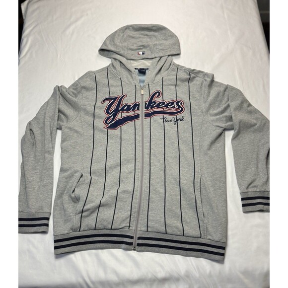 VTG Y2K New York Yankees MLB Hoodie Gray Zip Up Double Sided Spellout Mens XL